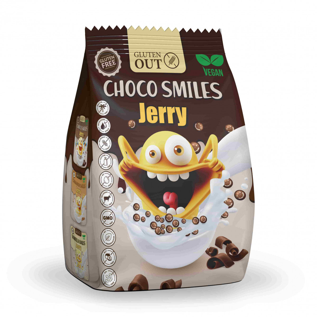 Gluten Out Jerry Choco Smiles gluten-free breakfast cereal in a 375g box, featuring chocolate-flavored cereal pieces.
