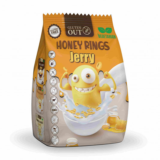 Gluten Out Jerry honey rings gluten-free breakfast cereal in a 375g package, showing golden honey-flavored rings in a bowl