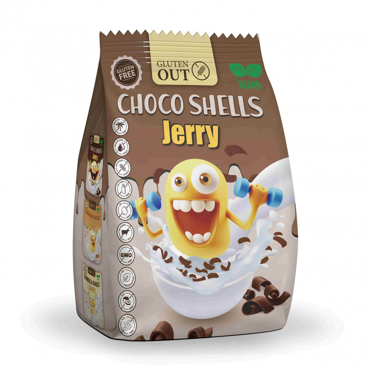 Gluten Out Jerry choco shells gluten-free breakfast cereal in a 375g package, featuring chocolate-flavored cereal shells.