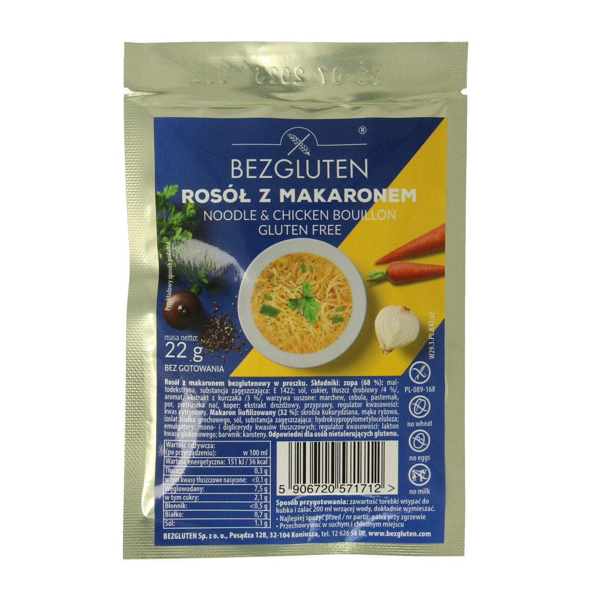 Bezgluten gluten-free chicken soup mix in a 22g packet, part of Bezgluten's soups and broths collection.