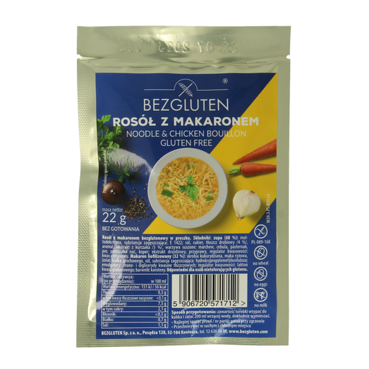 Bezgluten gluten-free chicken soup mix in a 22g packet, part of Bezgluten's soups and broths collection.