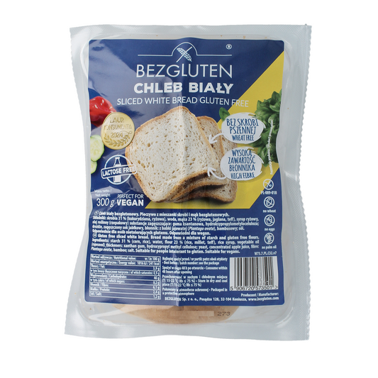 Sliced gluten-free wheat bread by Bezgluten in a 300g package, shown on a plain background.