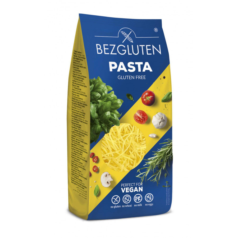 Bezgluten gluten-free vermicelli pasta made from rice, 250 grams, shown in a clear image with uncooked rice pasta strands