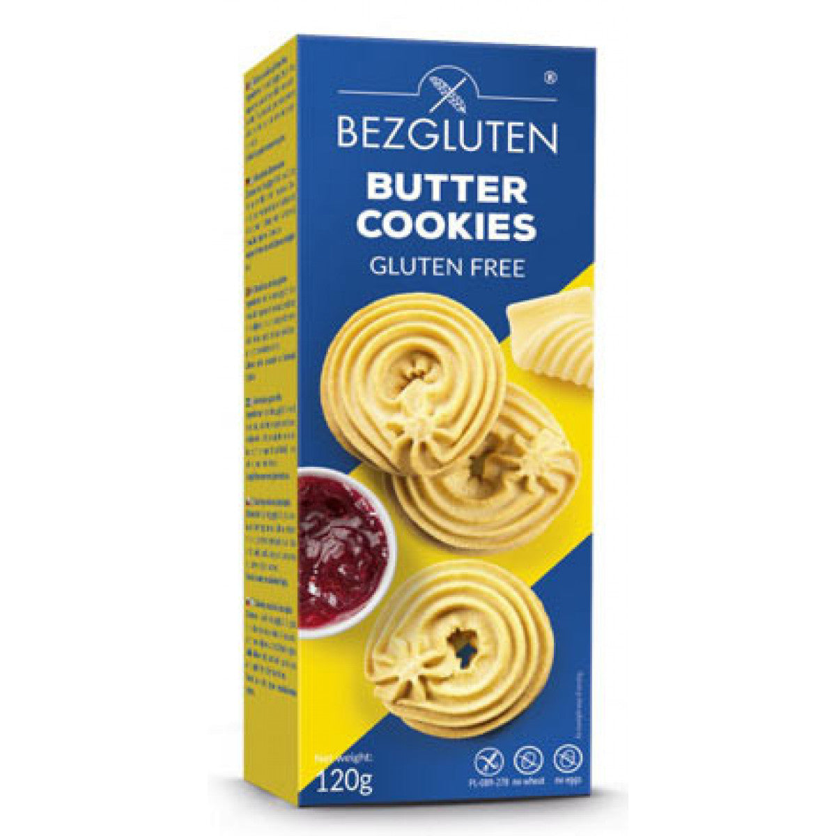 Bezgluten butter cookies in a 120g package, showing golden, crispy gluten-free biscuits on the front.