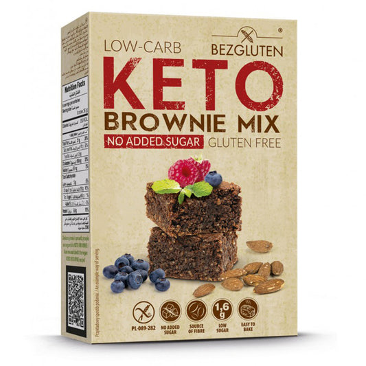 Bezgluten keto brownie mix in 150g package, gluten-free baking mix for low-carb brownies, contains chocolate and almond flour.