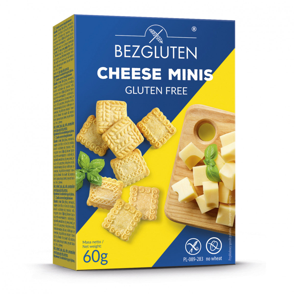 Bezgluten cheese minis koekjes, gluten-free snack cookies, 60 grams, crispy and savory cheese-flavored treats.