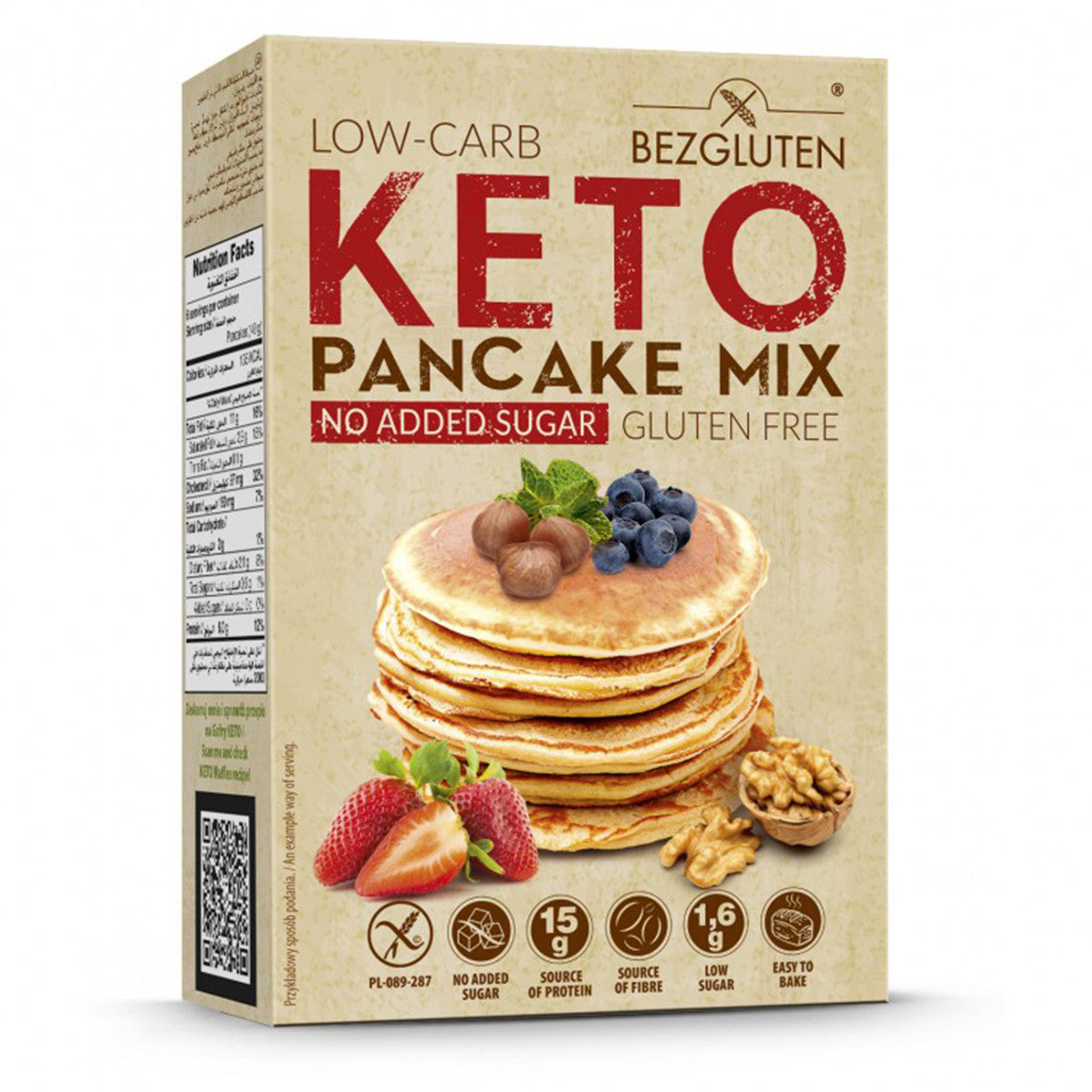 Bezgluten keto pancake mix in 150g bag, gluten-free baking mix for delicious pancakes, from Bezgluten brand.