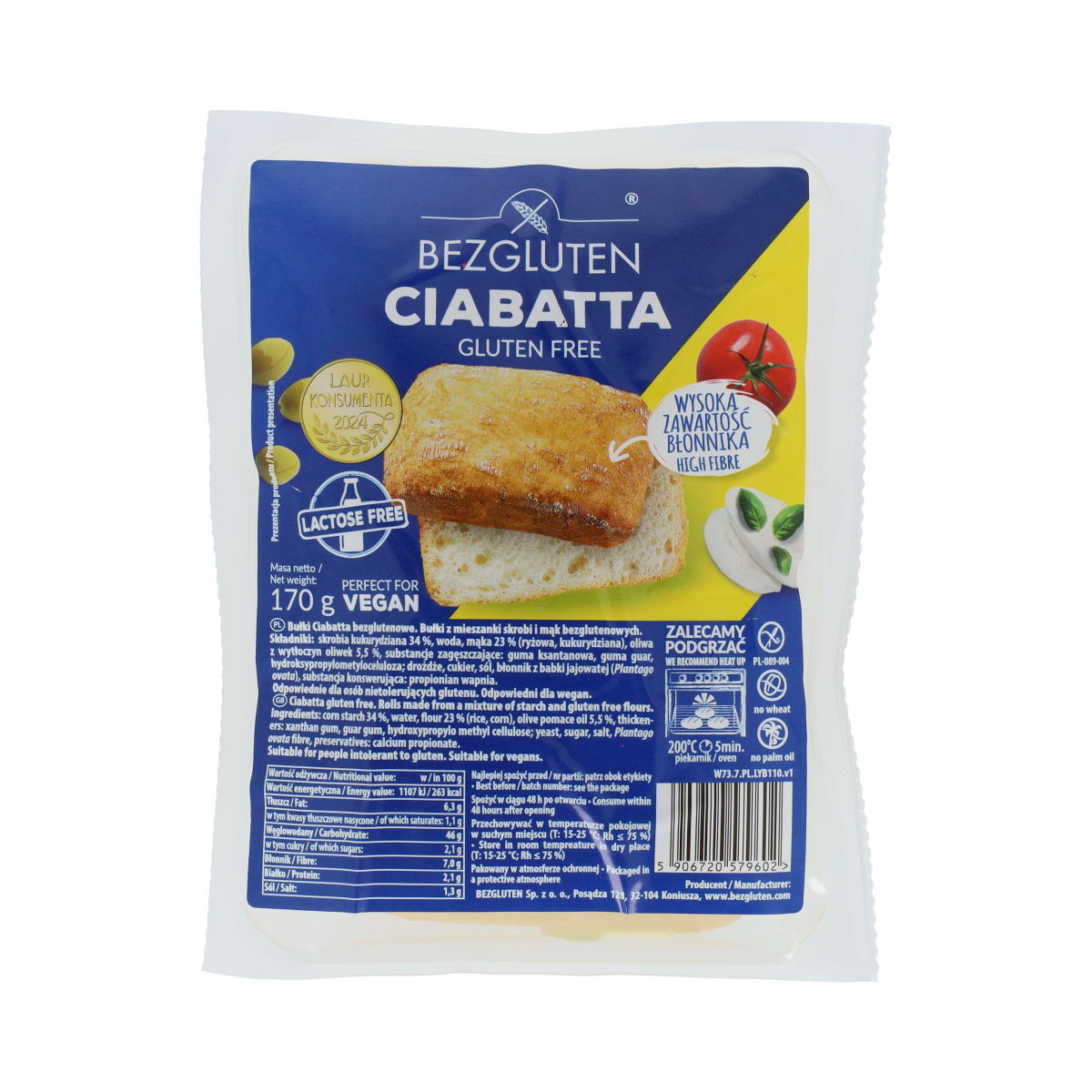 Bezgluten gluten-free ciabatta bread slice, 170g, showing a golden crust and soft interior, part of Broden en Crackers collection.