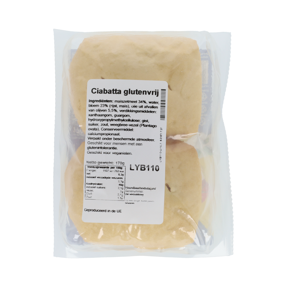 Gluten-free Bezgluten ciabatta bread loaf, 170g, with crispy crust and soft interior, in a bakery setting.