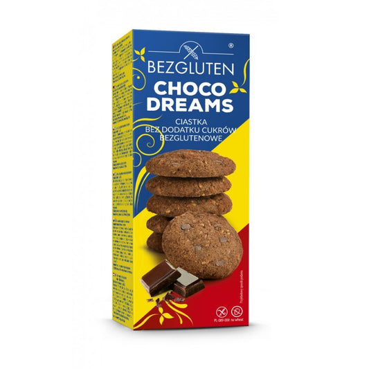Bezgluten chocoladekoekjes zonder toegevoegde suiker, glutenvrije koekjes in 110g verpakking, crispy and chocolatey.