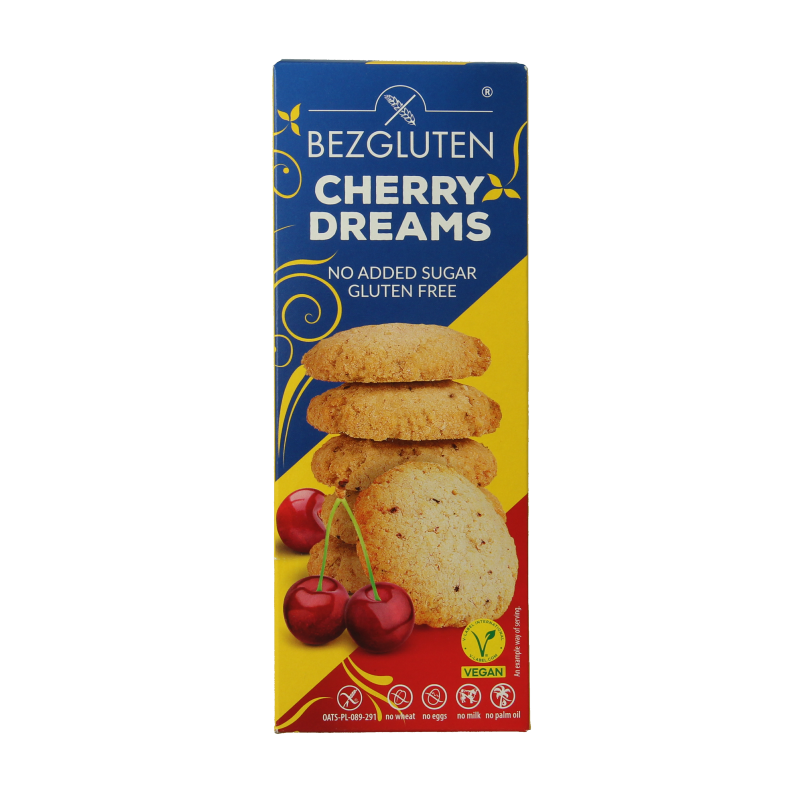 Bezgluten cherry gluten-free cookies with no added sugar, 110g, showing crispy baked biscuits with cherry pieces.
