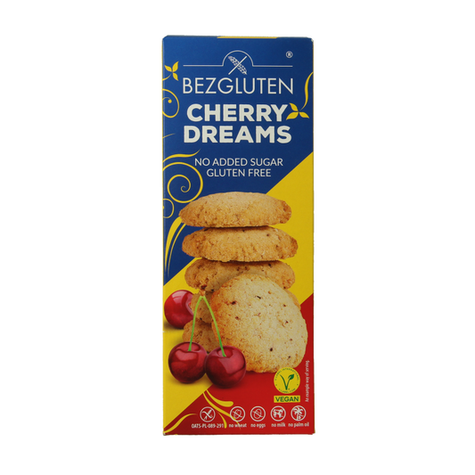 Bezgluten cherry gluten-free cookies with no added sugar, 110g, showing crispy baked biscuits with cherry pieces.