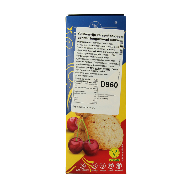 Bezgluten cherry gluten-free cookies in 110g package, no added sugar, with a picture of cherry-flavored biscuits.