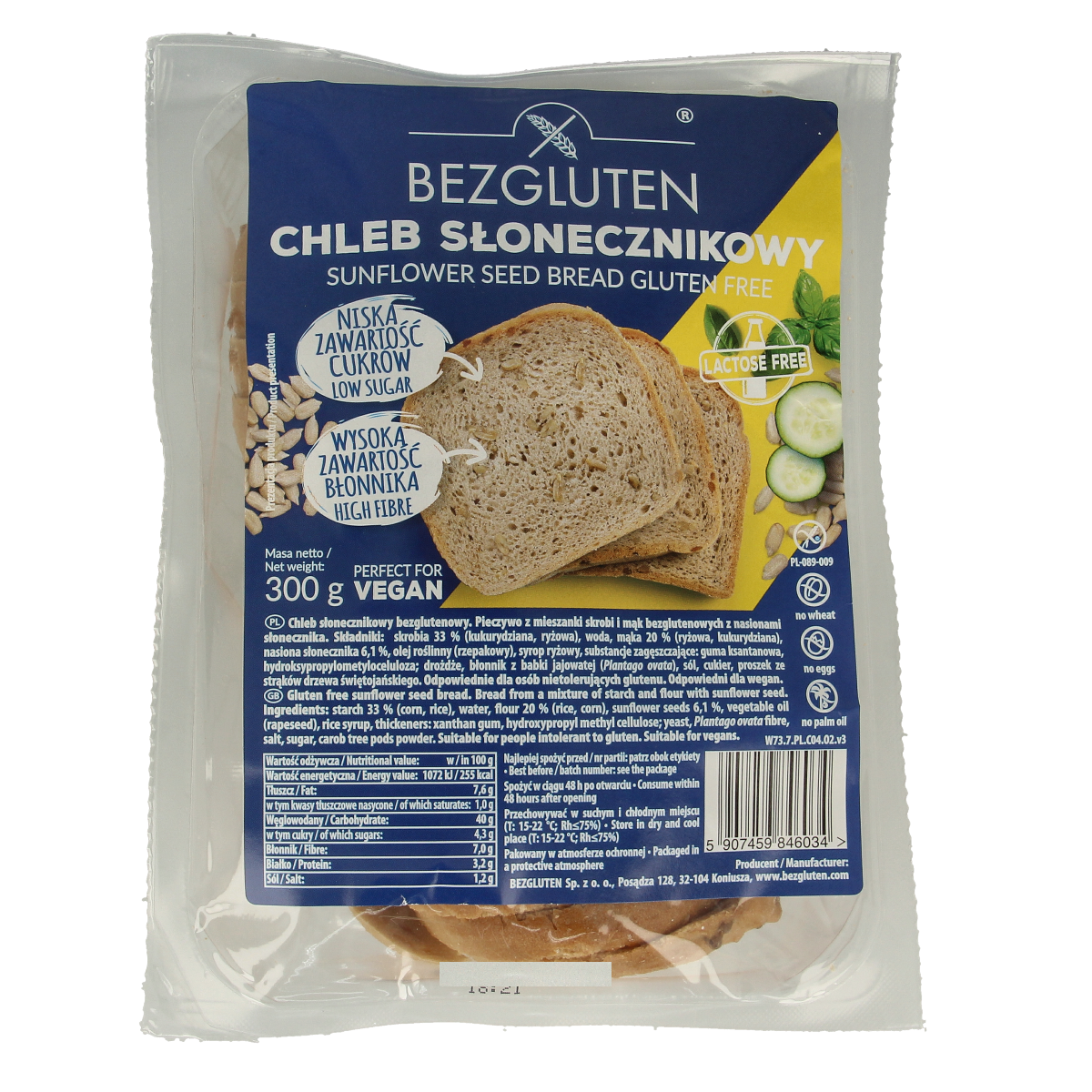 Slices of Bezgluten gluten-free sunflower seed bread in a clear view, showcasing the textured crust and golden interior.