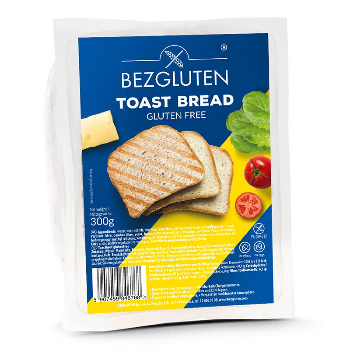 Bezgluten gluten-free toast bread koeken in a package, 300 grams, with golden-brown baked appearance and crispy texture.