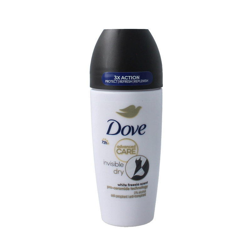 Dove Invisible Dry Deodorant roller in 50ml bottle with clear cap and white label, designed for all-day odor protection