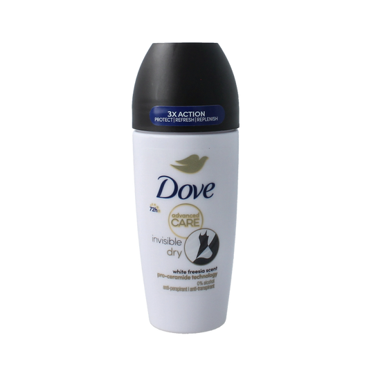 Dove Invisible Dry Deodorant roller in 50ml bottle with clear cap and white label, designed for all-day odor protection