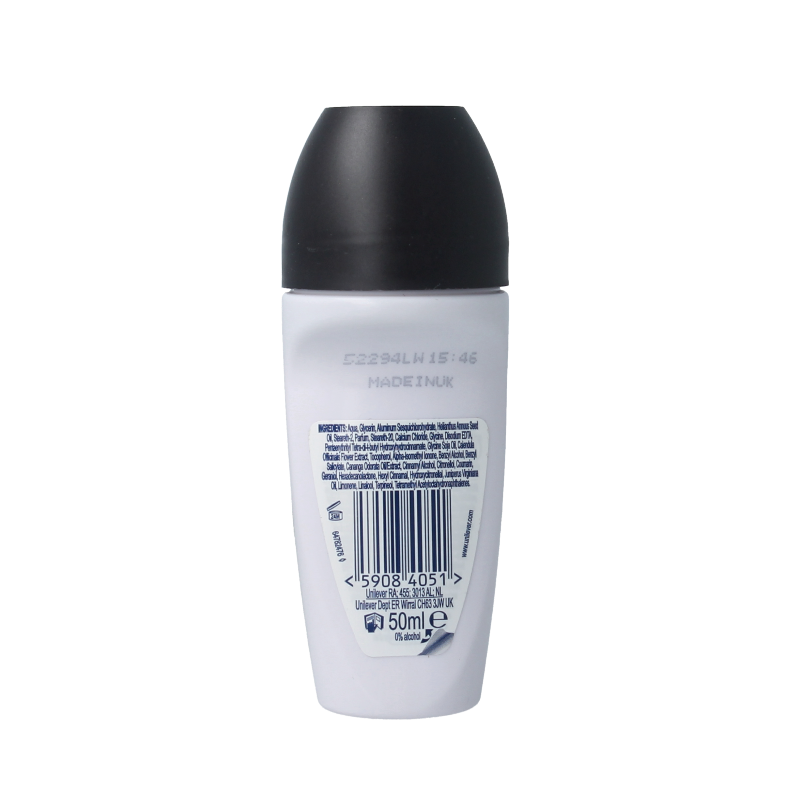 Dove Invisible Dry Deodorant roller with 50ml bottle, featuring white packaging and roll-on applicator for underarm freshness.