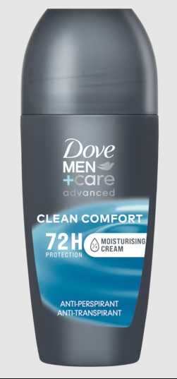 Dove Men+Care Cool Fresh deodorant roller, 50ml, with clear transparent bottle and blue cap, designed for men’s freshness