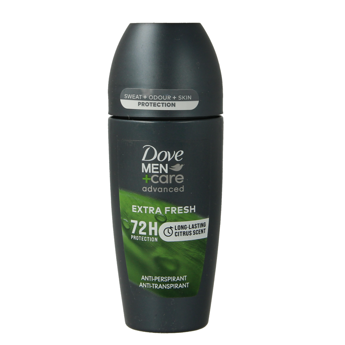 Dove Men+Care Extra Fresh deodorant roller bottle, 50ml, featuring a blue cap and clear label with Dove branding.