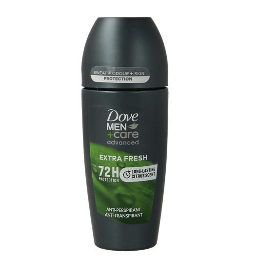 Dove Men+Care Extra Fresh deodorant roller bottle, 50ml, featuring a blue cap and clear label with Dove branding.