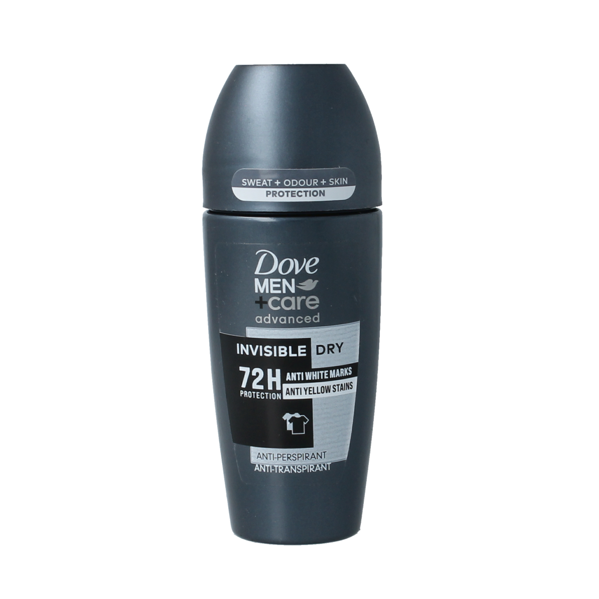 Dove Men+Care invisible deodorant roller in 50ml bottle, featuring clear formula and masculine packaging.