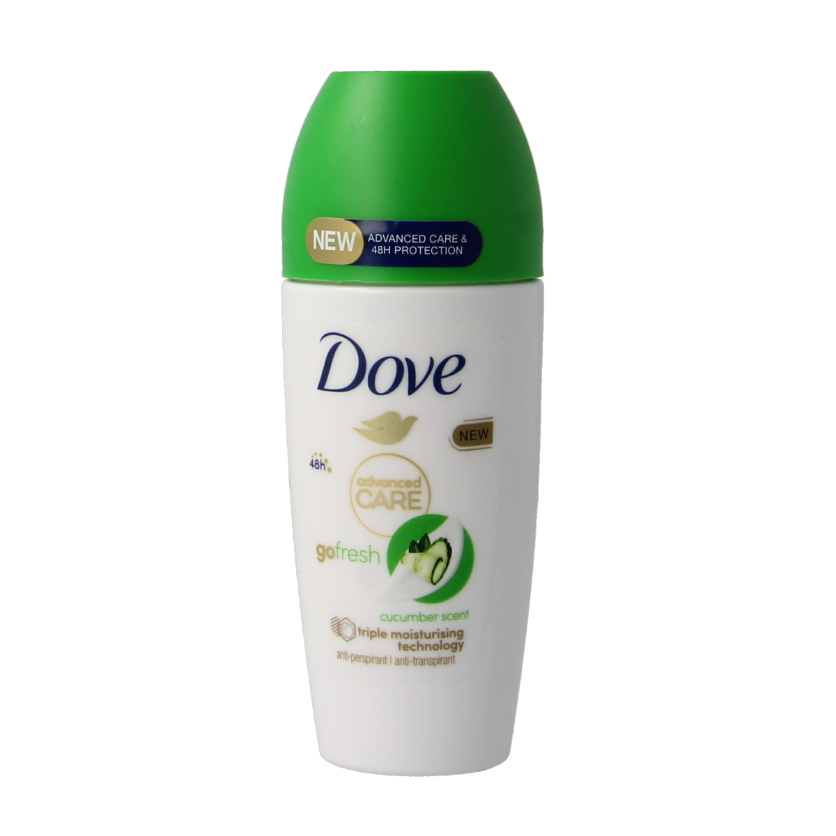 Dove Go Fresh cucumber deodorant roller, 50ml, with a clear container showing the transparent liquid inside.