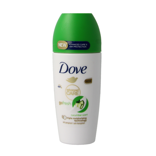 Dove Go Fresh cucumber deodorant roller, 50ml, with a clear container showing the transparent liquid inside.
