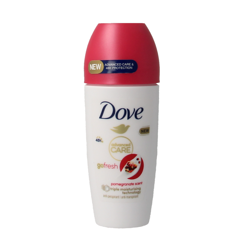 Dove Go Fresh Pomegranate deodorant roller with 50ml bottle, featuring a smooth applicator and fresh pomegranate scent.