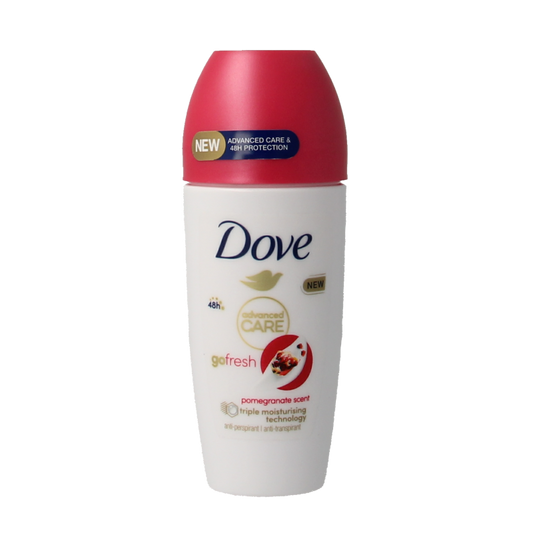 Dove Go Fresh Pomegranate deodorant roller with 50ml bottle, featuring a smooth applicator and fresh pomegranate scent.
