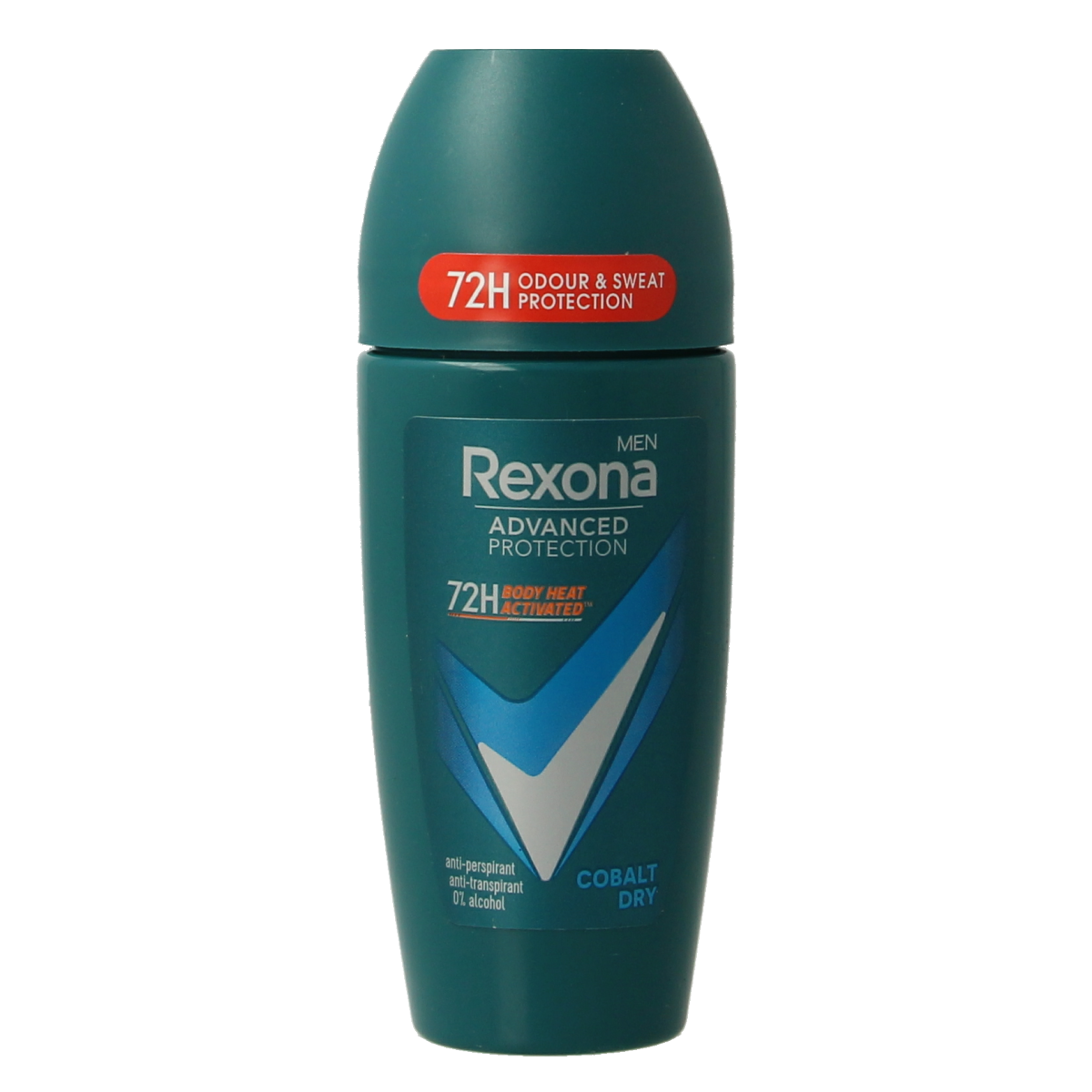 Rexona men's cobalt dry deodorant roller, 50ml, with a blue and white container, designed for effective odor protection.
