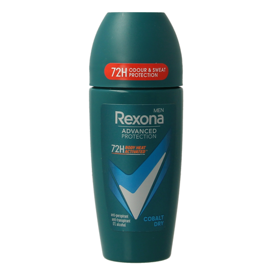 Rexona men's cobalt dry deodorant roller, 50ml, with a blue and white container, designed for effective odor protection.
