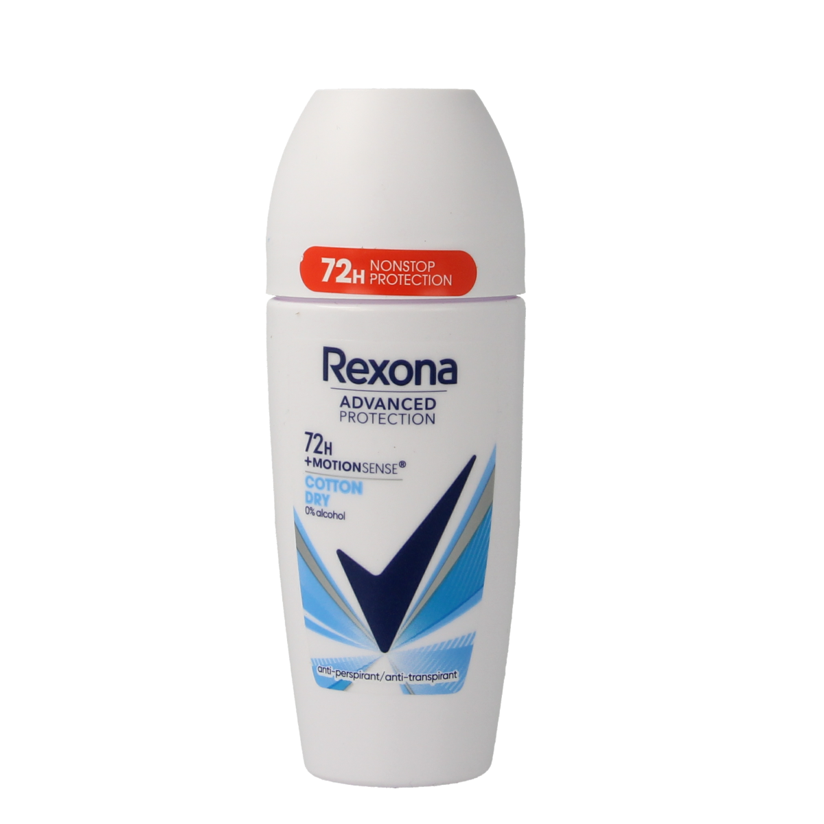 Rexona Cotton Dry deodorant roller bottle, 50ml, with clear cap and white label showing the Rexona brand name.