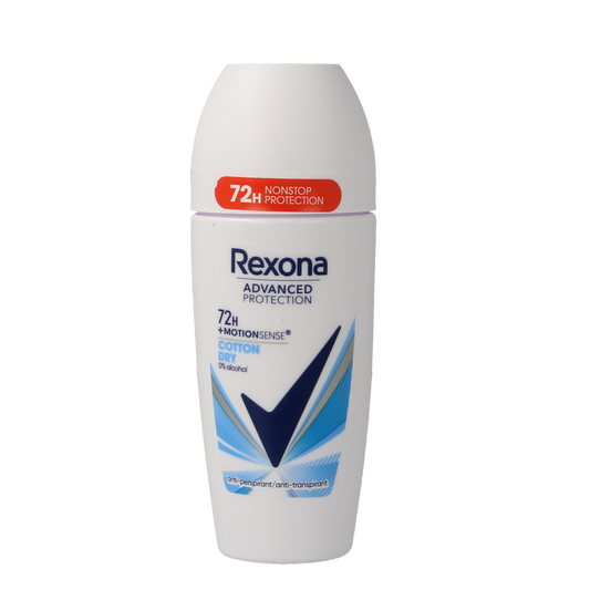 Rexona Cotton Dry deodorant roller bottle, 50ml, with clear cap and white label showing the Rexona brand name.