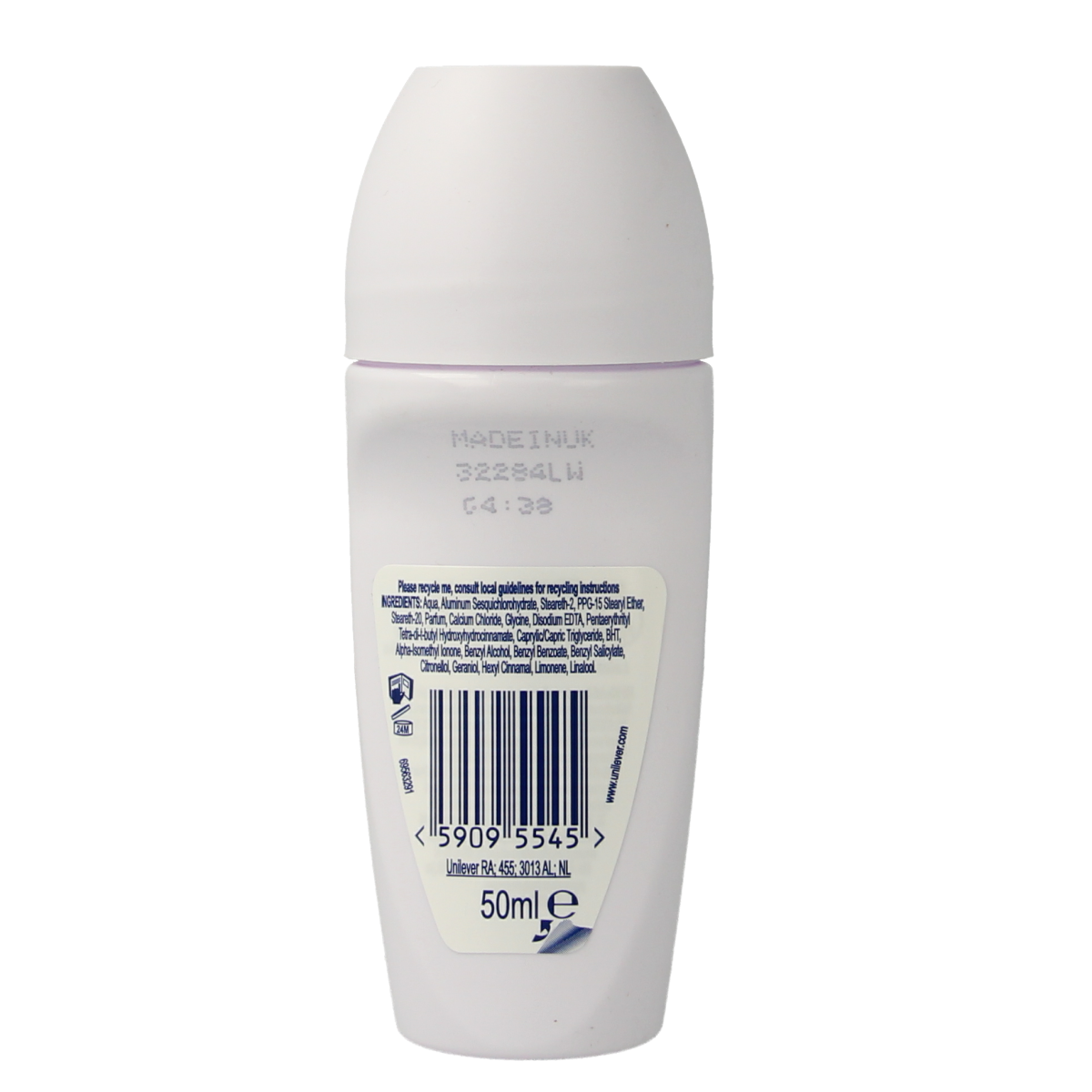 Rexona Cotton Dry deodorant roller 50ml, clear bottle with white cap, showing the Rexona brand label and applicator.