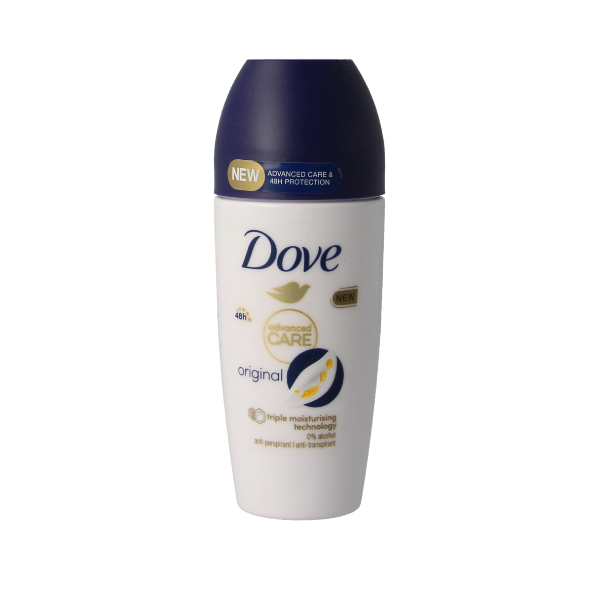 Dove Original Deodorant Roller bottle, 50ml, with white and blue packaging showing the deodorant stick and cap.