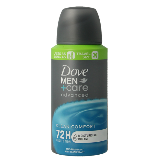 Dove Men+Care Clean Comfort deodorant spray bottle, 75ml, with a sleek design and spray nozzle visible.