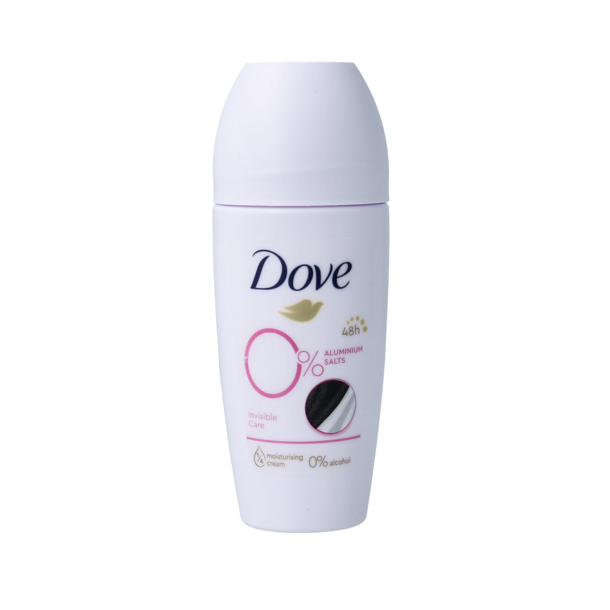 Dove Invisible Care 0% deodorant roller in 50ml bottle, skin-friendly antiperspirant for everyday freshness.