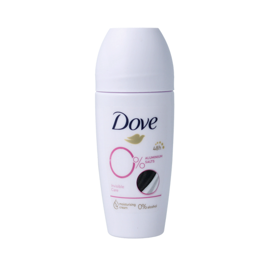 Dove Invisible Care 0% deodorant roller in 50ml bottle, skin-friendly antiperspirant for everyday freshness.