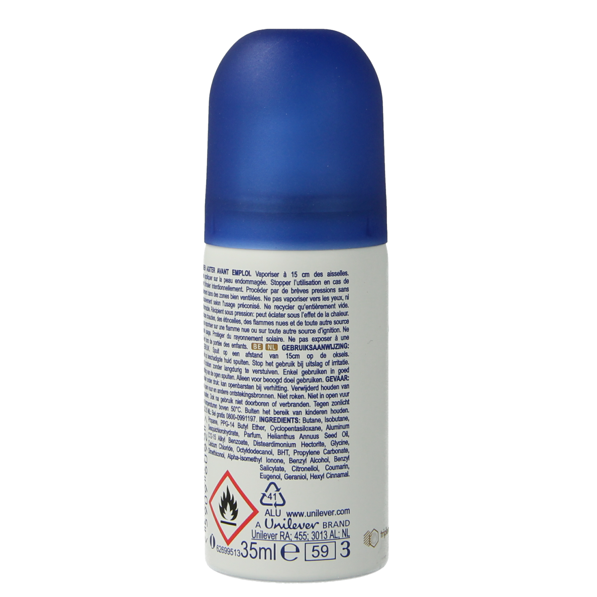 Dove Deodorant spray mini bottle, 35ml, featuring white packaging and spray nozzle, ideal for freshening up on the go