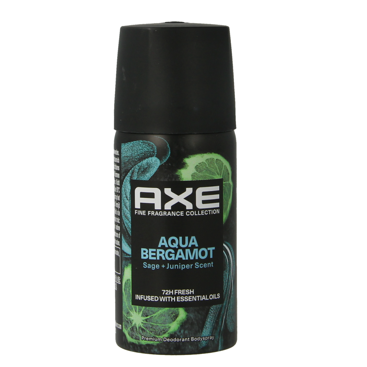 AXE Deodorant Bodyspray Aqua Bergamot 35ml spray bottle with blue and silver design, showcasing the product for body care.