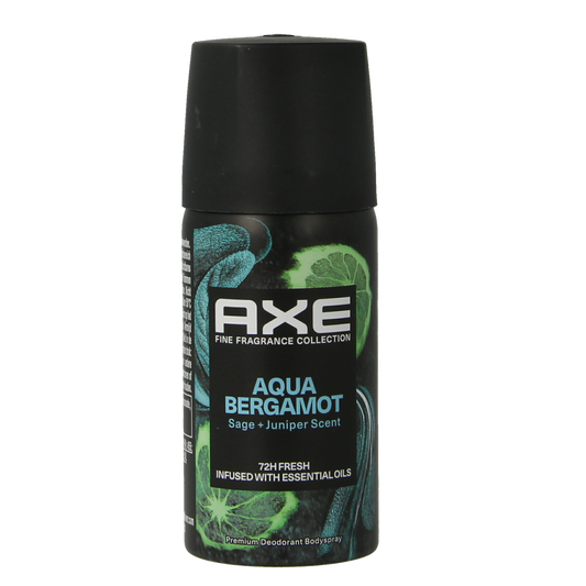 AXE Deodorant Bodyspray Aqua Bergamot 35ml spray bottle with blue and silver design, showcasing the product for body care.