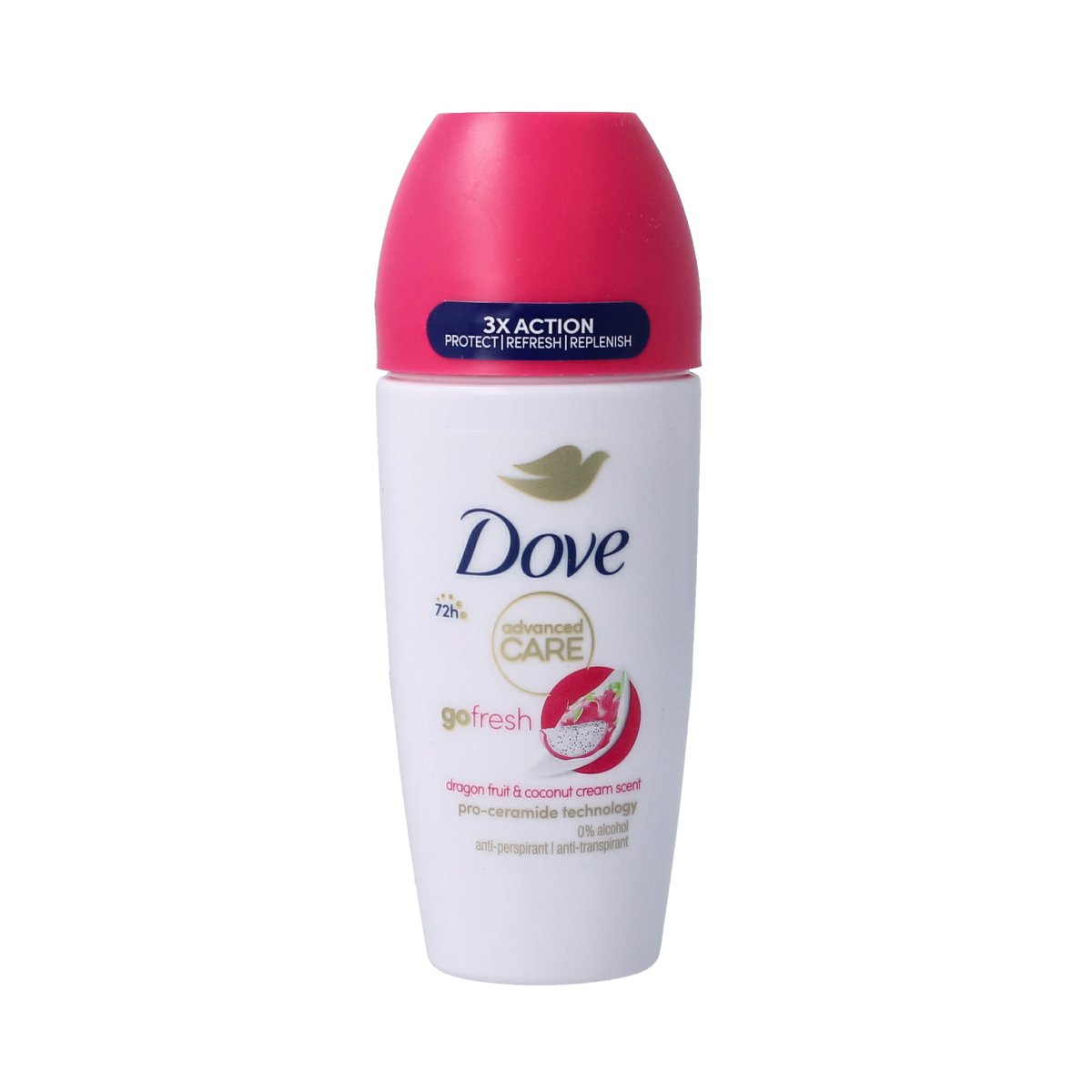 Dove deodorant roller with dragon fruit and coconut scent, 50ml bottle showing the product and branding.