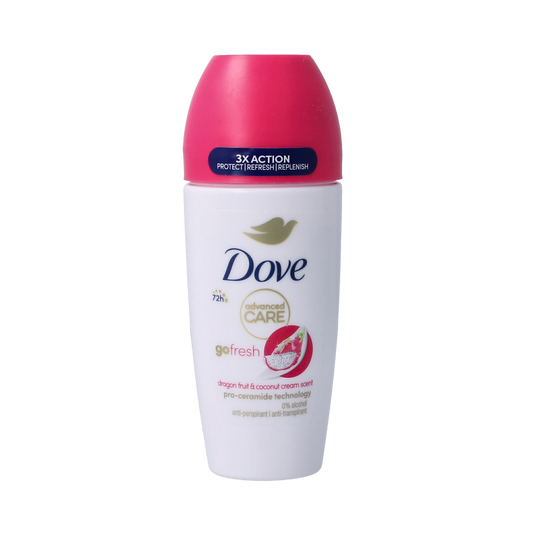 Dove deodorant roller with dragon fruit and coconut scent, 50ml bottle showing the product and branding.