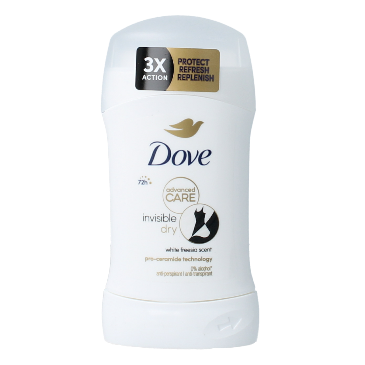 Dove Invisible Dry Deodorant Stick 50ml with smooth white plastic container and clear lid, designed for odor protection.