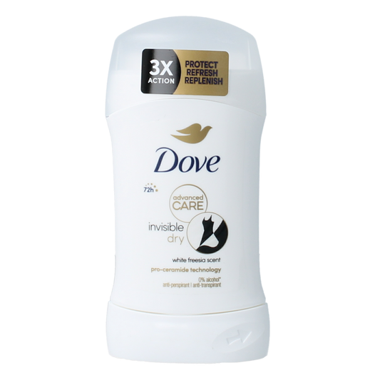 Dove Invisible Dry Deodorant Stick 50ml with smooth white plastic container and clear lid, designed for odor protection.