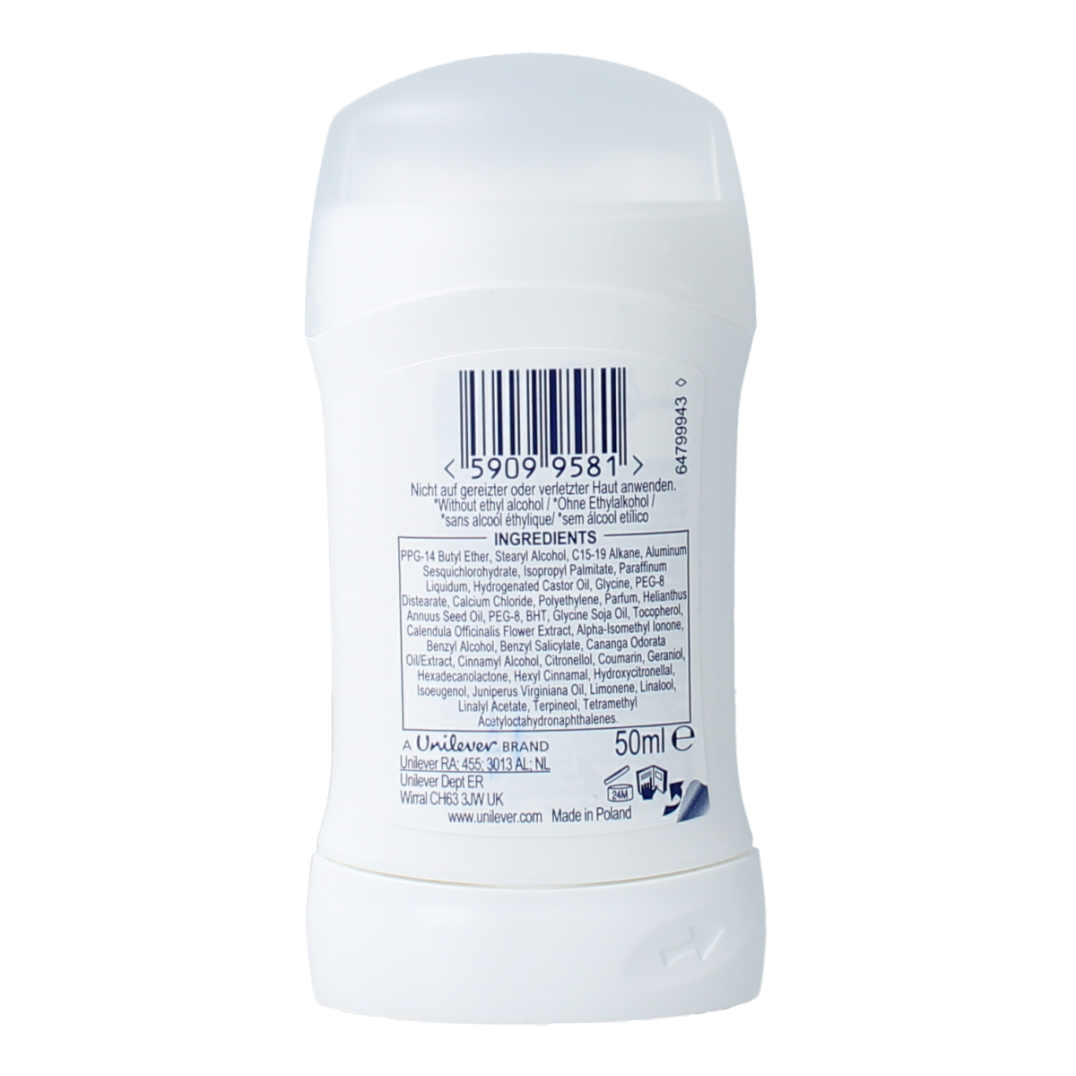 Dove Invisible Dry Deodorant stick, 50ml, with smooth white packaging and clear branding, designed for odor and moisture control.