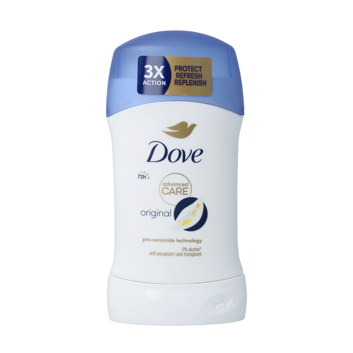 Dove deodorant stick in original scent, 40ml, featuring smooth white application surface and classic design.