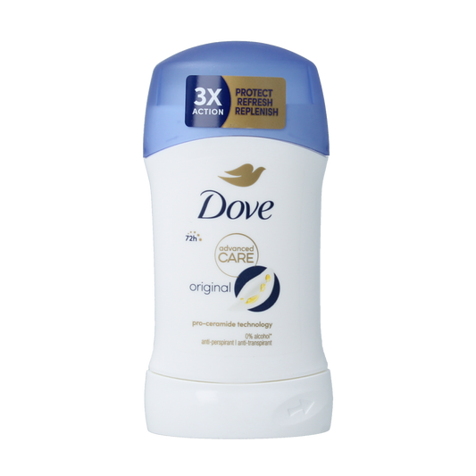 Dove deodorant stick in original scent, 40ml, featuring smooth white application surface and classic design.
