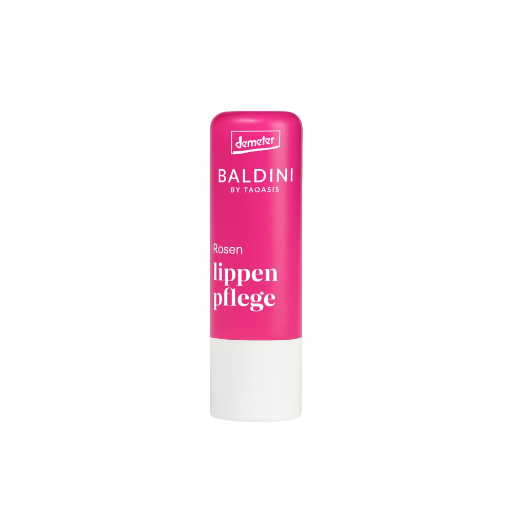 Baldini Rose lip balm with shea butter in a 4.80g container, designed for nourishing facial and lip skincare.